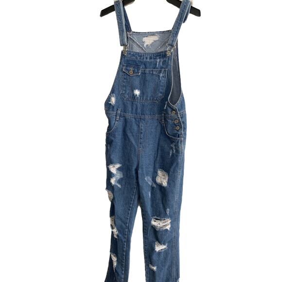 Fly Up Very Distressed Denim Overalls Size M (Missing one side button, photo 4) - Picture 2 of 6